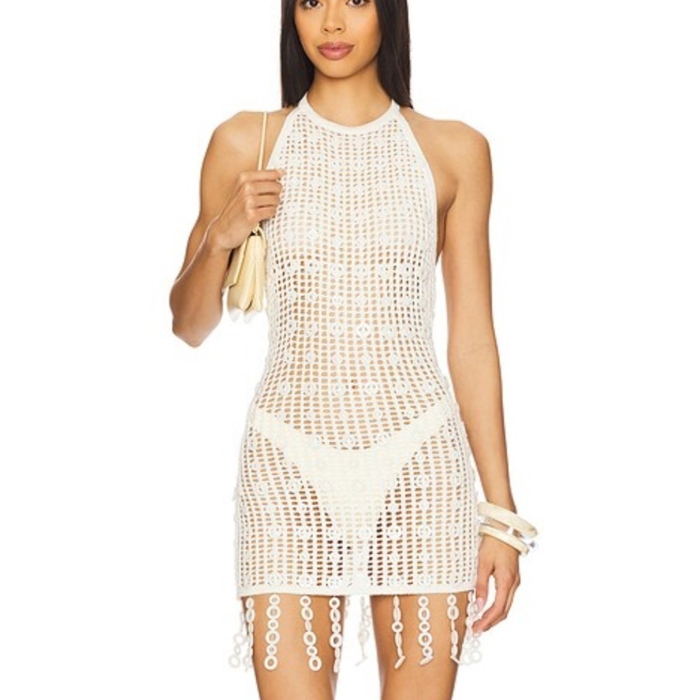 Camila Coelho Nevaeh Mini Knit Dress Ivory crochet cover up Resort Revolve S